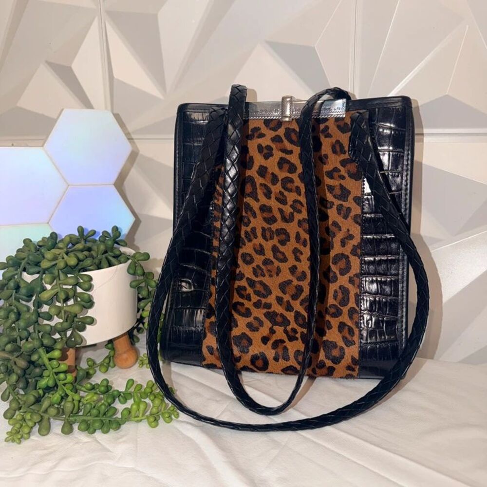 VTG Brighton Black Croc Leather Leopard Calf Hair Frame Bag